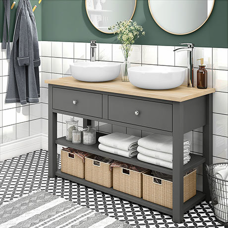 Trafalgar 1240mm Grey Countertop Vanity Unit And Double Round Basins