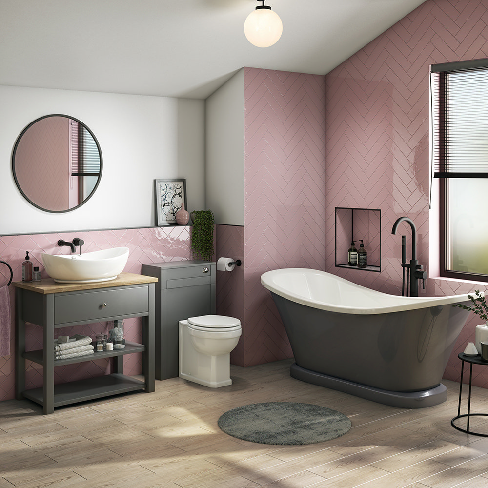 Trafalgar Traditional Bathroom Suite - 1685mm Slipper Bath with Grey Basin Unit + Toilet