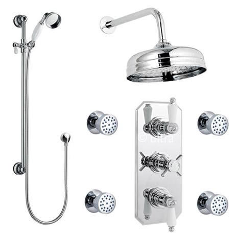 Traditional Triple Concealed Shower Valve with Diverter, 8" Fixed Shower Head, 4 Body Jets & Slider