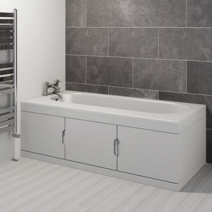 Trojan Repono 1675mm Single Ended Bath + Storage Panels - Close up image of a modern bath with a bath panel storage compartment