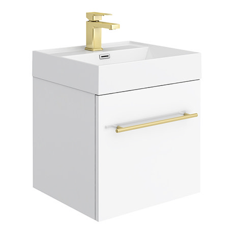 Valencia 450 Gloss White Minimalist Wall Hung Vanity Unit with Brass Handle