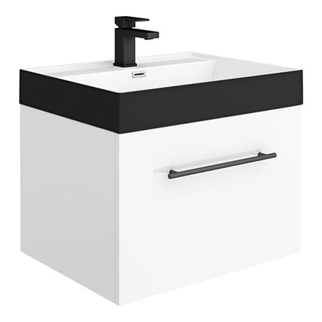 Valencia Wall Hung Vanity Unit - Gloss White - 600mm with Black Handle and Basin