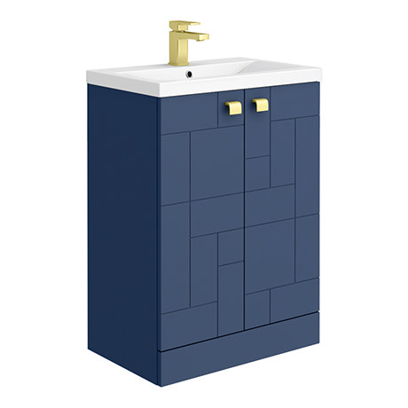 Venice Abstract 600mm Blue Vanity Unit - Floor Standing 2 Door Unit with Brushed Brass Square Drop H