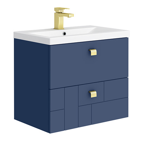 Venice Abstract 600mm Blue Vanity Unit - Wall Hung 2 Drawer Unit with Brushed Brass Square Drop Hand