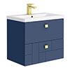 Venice Abstract 600mm Blue Vanity Unit - Wall Hung 2 Drawer Unit with Brushed Brass Square Drop Handles profile small image view 1 