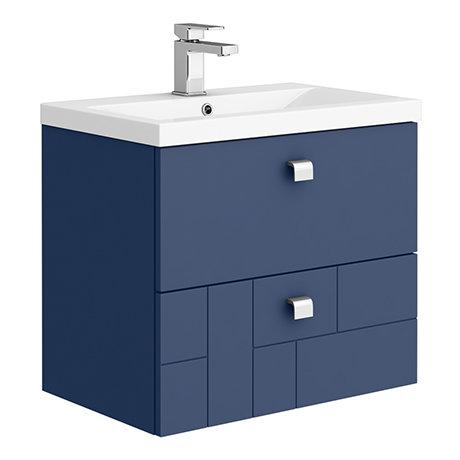 Venice Abstract 600mm Blue Vanity Unit - Wall Hung 2 Drawer Unit with Chrome Square Drop Handles