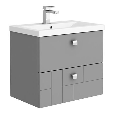 Venice Abstract 600mm Grey Vanity Unit - Wall Hung 2 Drawer Unit with Chrome Square Drop Handles