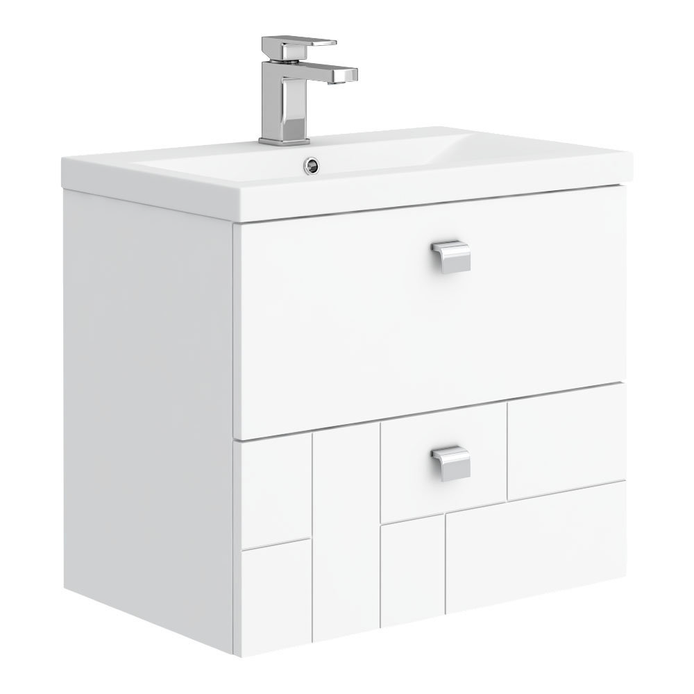 Venice Abstract 600mm White Vanity Unit - Wall Hung 2 Drawer Unit with Chrome Square Drop Handles
