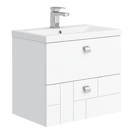 Venice Abstract 600mm White Vanity Unit - Wall Hung 2 Drawer Unit with Chrome Square Drop Handles