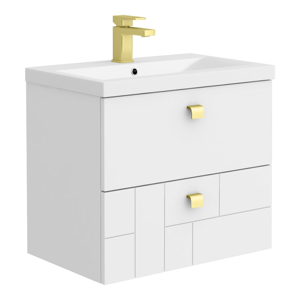 Venice Abstract 600mm White Vanity Unit - Wall Hung with Brushed Brass Handles