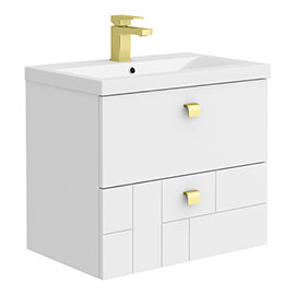 Venice Abstract 600mm White Vanity Unit - Wall Hung with Brushed Brass Handles