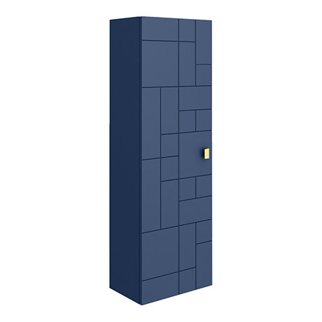 Venice Abstract Wall Hung Tall Storage Cabinet - Blue - with Brushed Brass Square Drop Handle