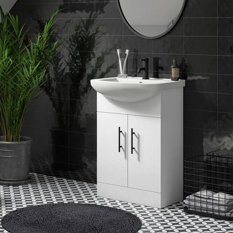 Venice 560 Gloss White Vanity with Matt Black Handles Unit Depth 300mm