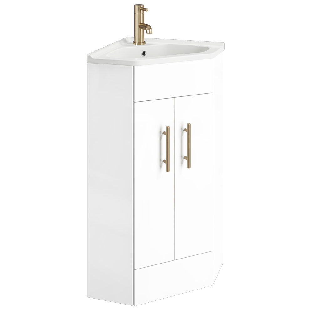 Venice Corner Gloss White Cabinet Vanity Unit With Brushed Brass Handles Victorian Plumbing Uk