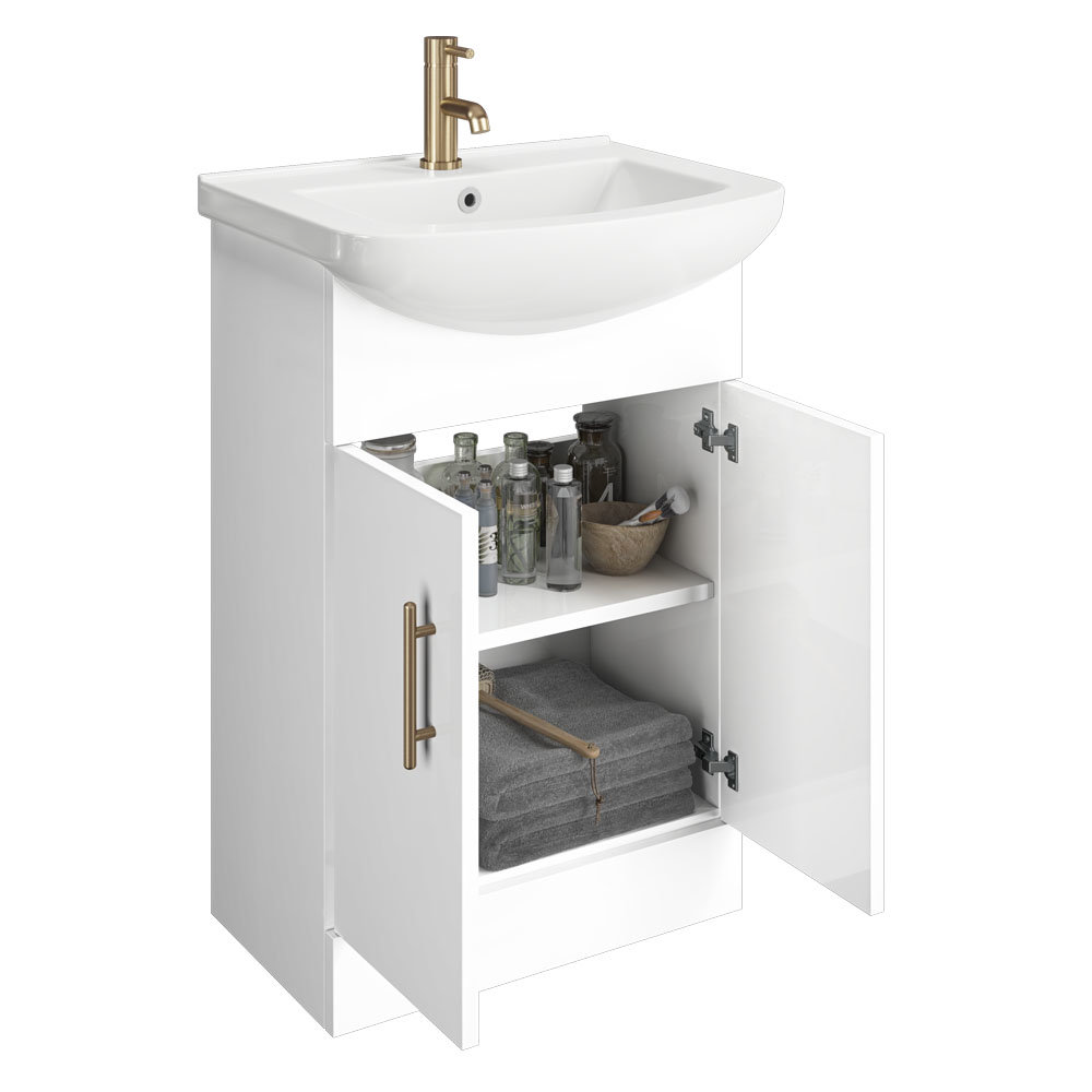 Venice 560 Gloss White Vanity with Brushed Brass Handles (Unit Depth 300mm) Victorian Plumbing UK