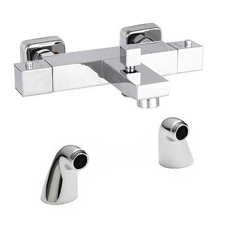 Nuie Deck Mounted Square Thermostatic Bath/Shower Mixer Valve - Bottom Outlet - Chrome