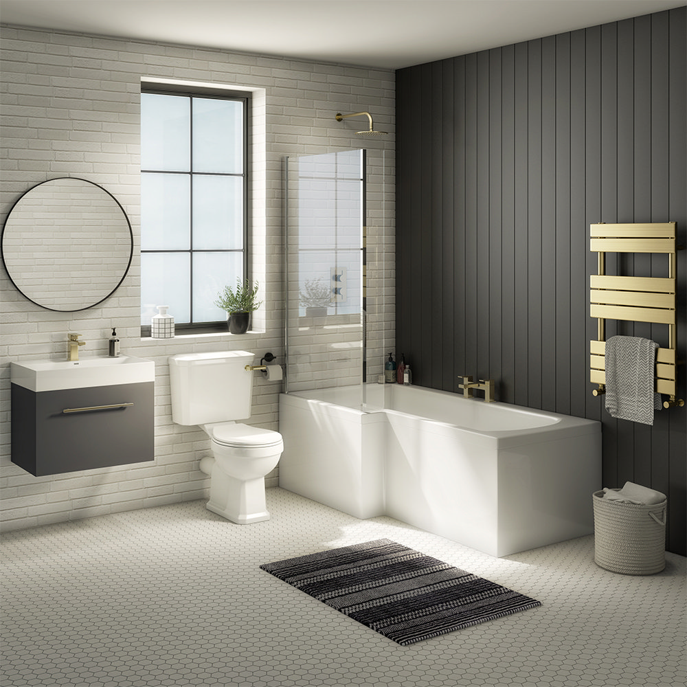 Valencia Bathroom Suite (Toilet, Grey Vanity with Brass Handle, L-Shaped Bath + Screen)