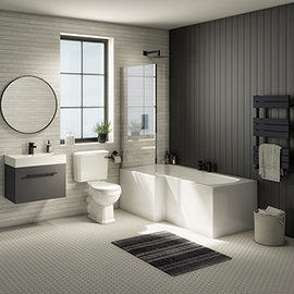 Valencia Bathroom Suite (Toilet, Grey Vanity with Black Handle, L-Shaped Bath + Screen)