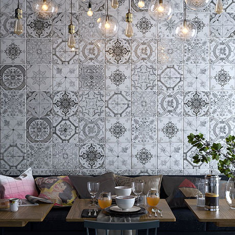Verini Gloss Grey Encaustic Effect Wall and Floor Tiles - 200 x 200mm