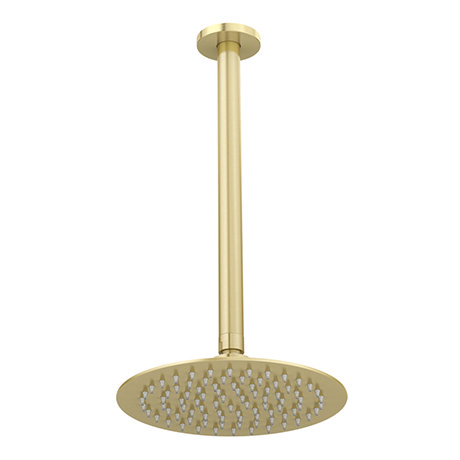 Venice Giro 200mm Round Brushed Brass Fixed Shower Head + 300mm Ceiling Mounted Arm