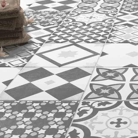 The Vibe Grey Patterned Wall And, Patchwork Floor Tiles