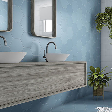 Vista Ocean Blue Hexagon Porcelain Wall, Porcelain Bathroom Floor Tiles Uk