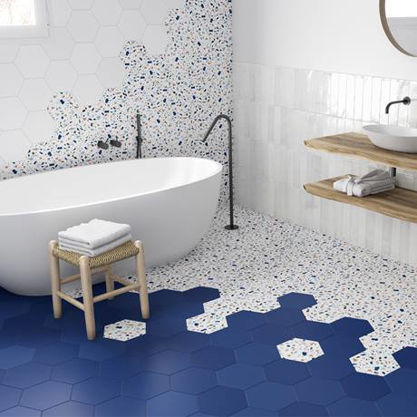 Vista Royal Blue Hexagon Porcelain Wall, 12×24 Tile Pattern For Small Bathroom