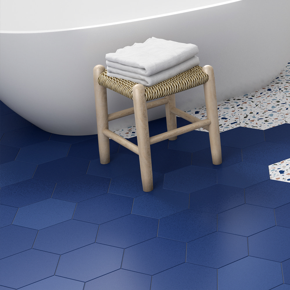 Vista Royal Blue Hexagon Porcelain Wall, 24×24 Marble Floor Tiles