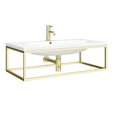 Venice 900 Wall Hung Basin with Brushed Brass Towel Rail Frame inc. Tap + Bottle Trap