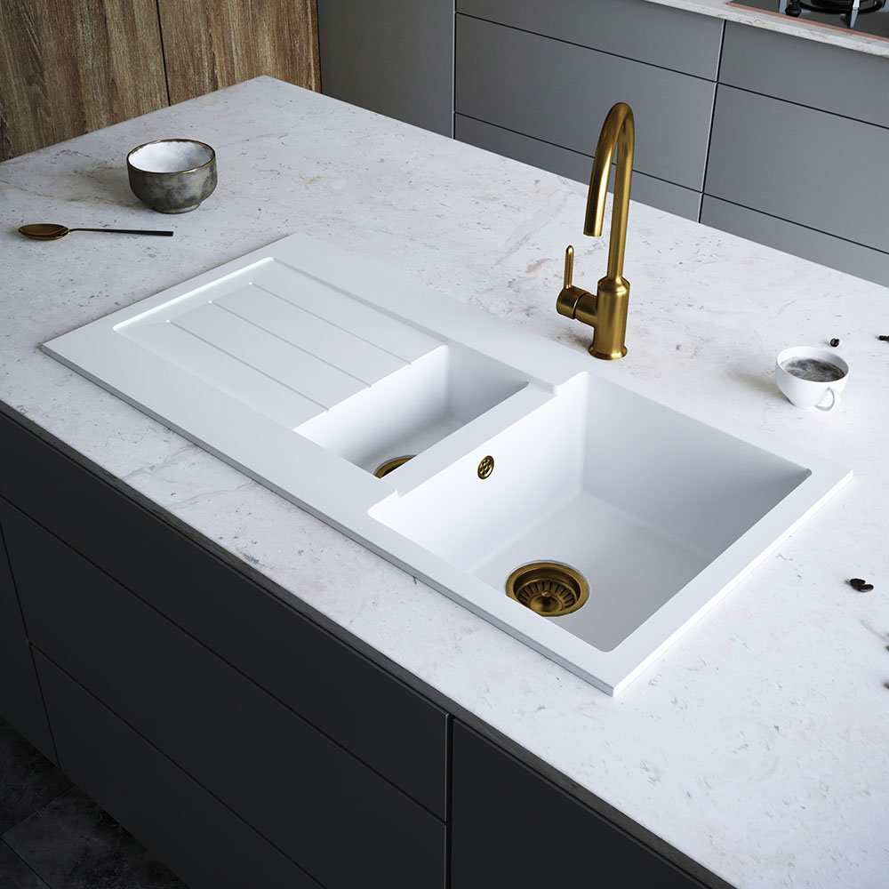 Venice 1.5 Bowl Matt White Composite Kitchen Sink + Chrome Wastes