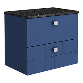 Venice Abstract 600mm Blue Vanity Unit - Wall Hung 2 Drawer Unit with Black Worktop &amp; Chrome Handles