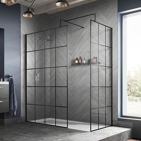 Hudson Reed Black Frame Wetroom Screen with Support Arm