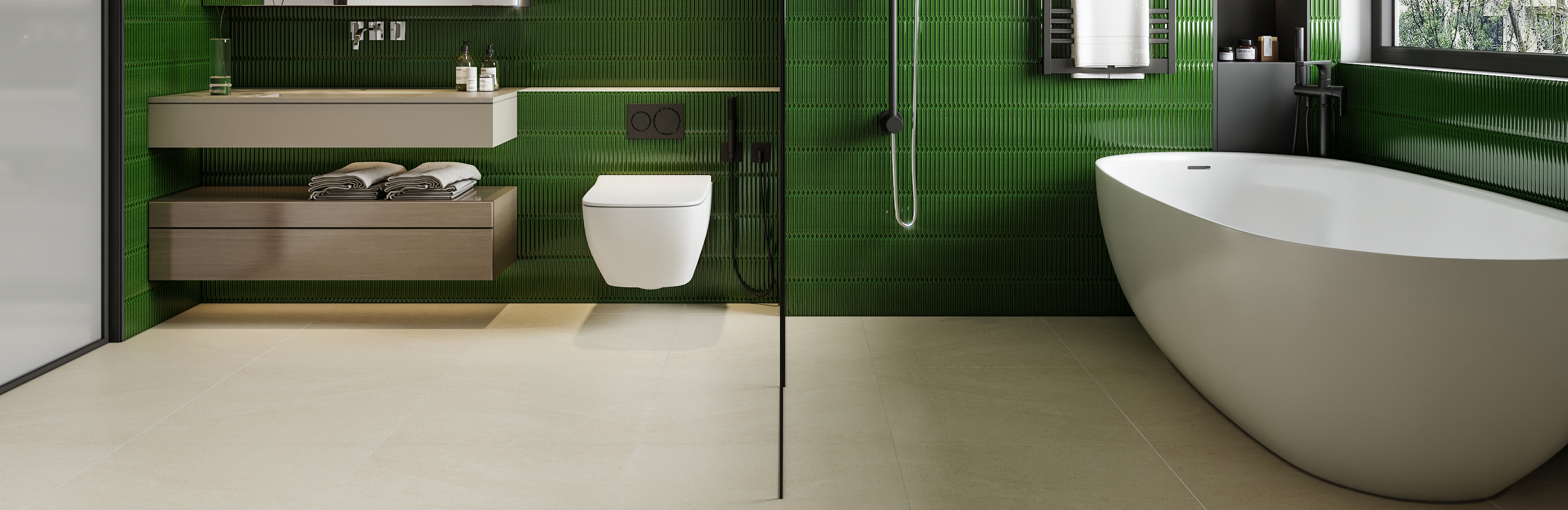 Modern bathroom with vibrant green textured wall tiles, beige floor tiles, and a freestanding white bathtub, creating a stylish and serene design.