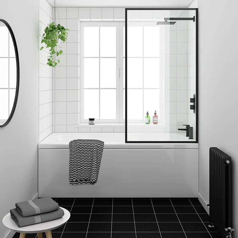 modern shower bath in black and white bathroom