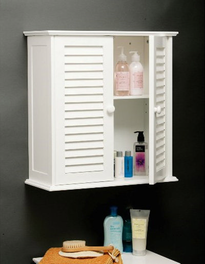 White Wood Double Shutter Door Bathroom Wall Cabinet - 1600904