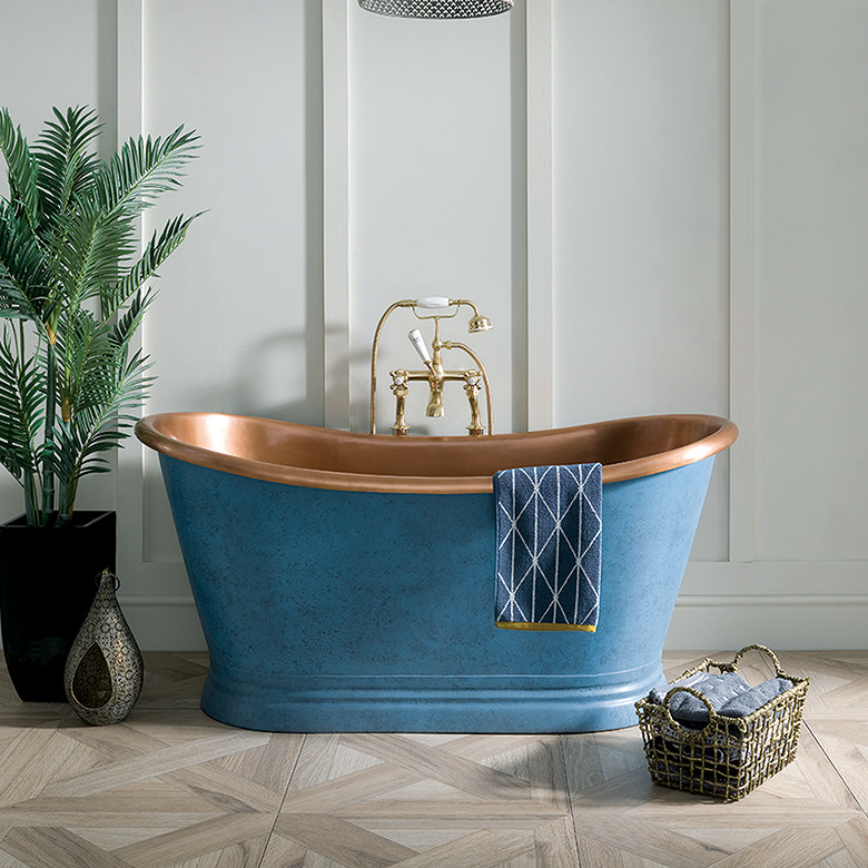blue patina and copper freestanding bath tub