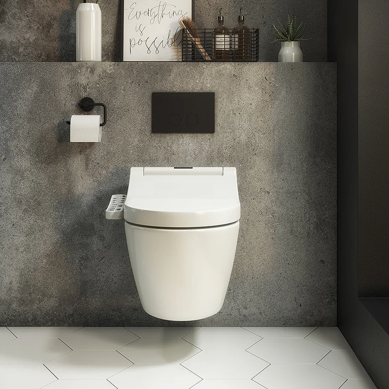 Wall mounted smart toilet on concrete wall