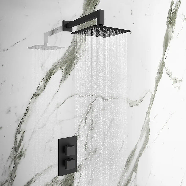 modern matt black square shower against marble wall