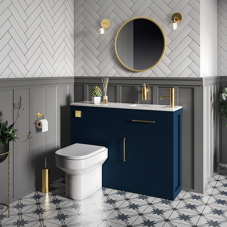 Navy blue bathroom combination unit in grey bathroom
