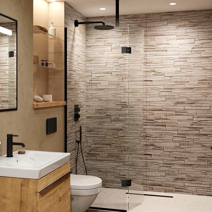 Rustic bathroom with stone tile shower wall, walk-in glass shower, and wooden vanity unit