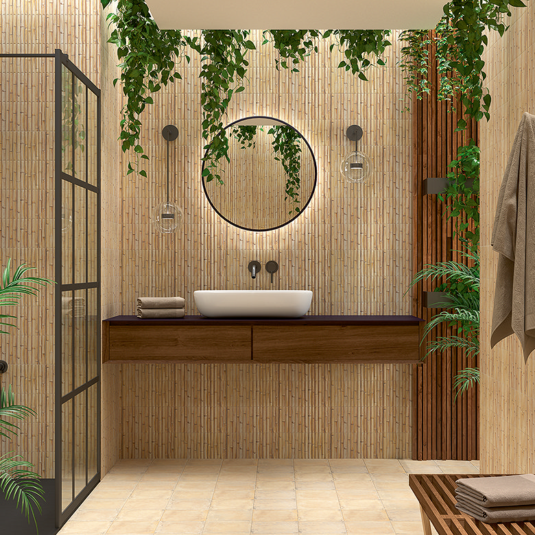 Modern spa-style bathroom with wood vanity, bamboo wall panels, round backlit mirror and trailing plants for a calm biophilic look