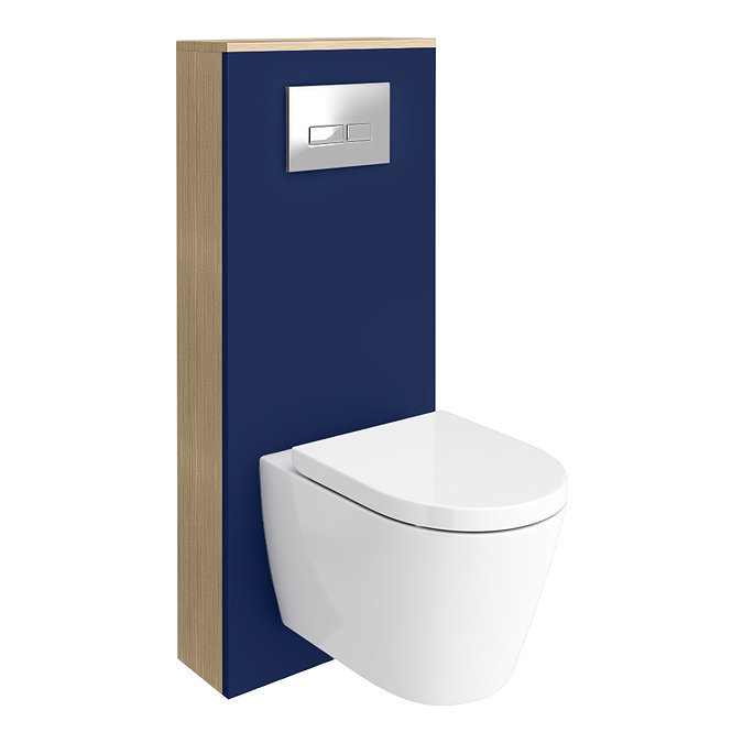 Modern Wall-Hung Toilet with a Blue and Oak Slimline Concealed Cistern Unit and Chrome Flush Plate.