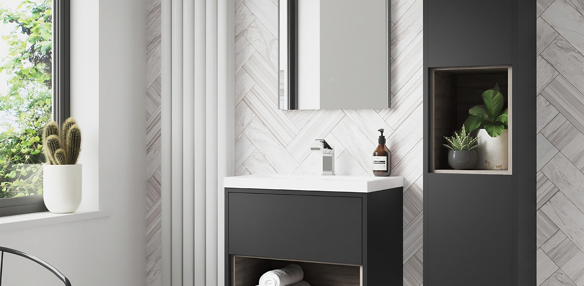 Modern floating black vanity unit with storage shelf and countertop sink in a stylish bathroom with wood-effect tiles