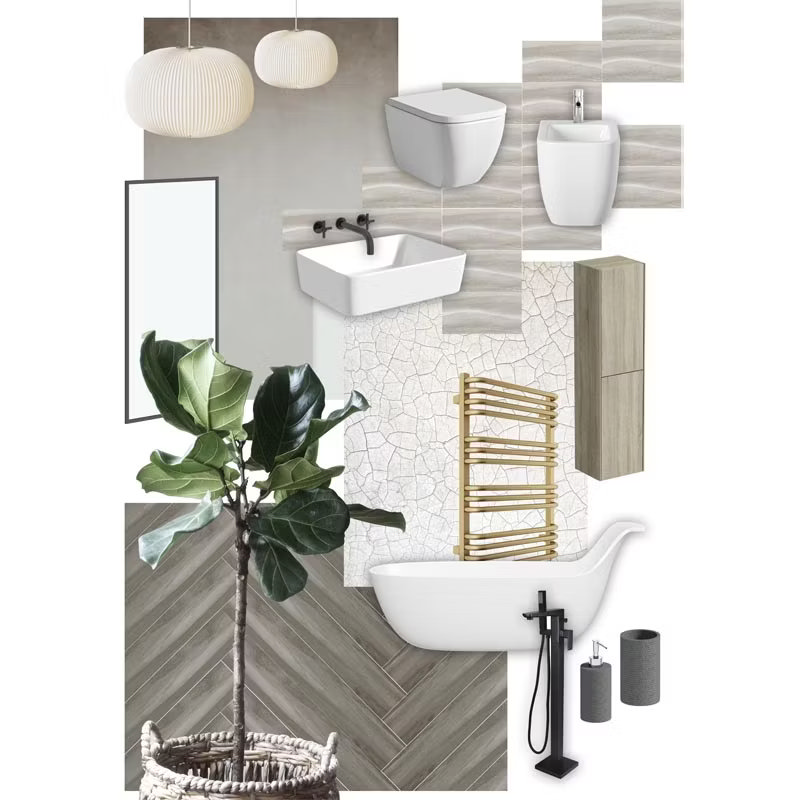 Japandi bathroom mood board featuring natural wood textures, minimalist white fixtures, black accents, and a gold towel rail. Soft lighting, a statement bathtub, and a lush green plant evoke a calm, organic aesthetic inspired by Japanese and Scandinavian design principles.