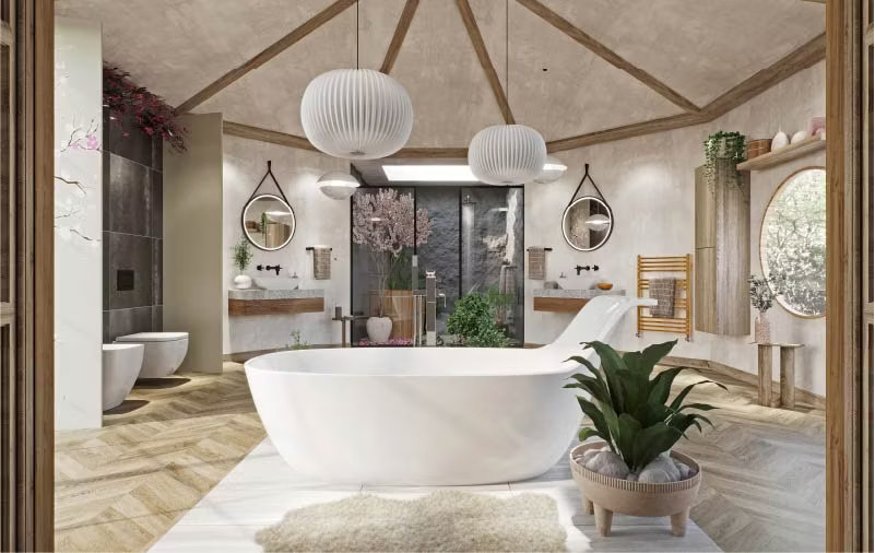 Luxurious Japandi bathroom featuring a central freestanding tub, natural wood beams, and soft lighting from pendant lamps. The serene space combines minimalist Scandinavian and Japanese elements, with earthy tones, a tranquil indoor garden, and elegant round mirrors framing dual sink areas.