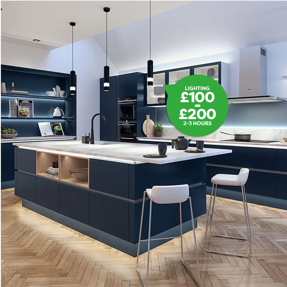 Modern navy blue kitchen with a central island and pendant lights, displaying estimated lighting installation costs (£100-£200, 2-3 hours) for a 2024 kitchen renovation.