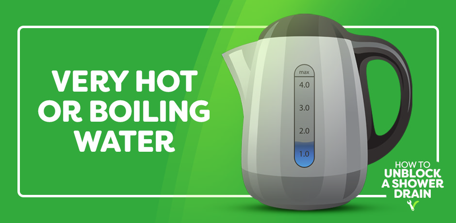 Illustrated kettle and headline ‘Very hot or boiling water’ showing step one for unclogging a blocked shower drain