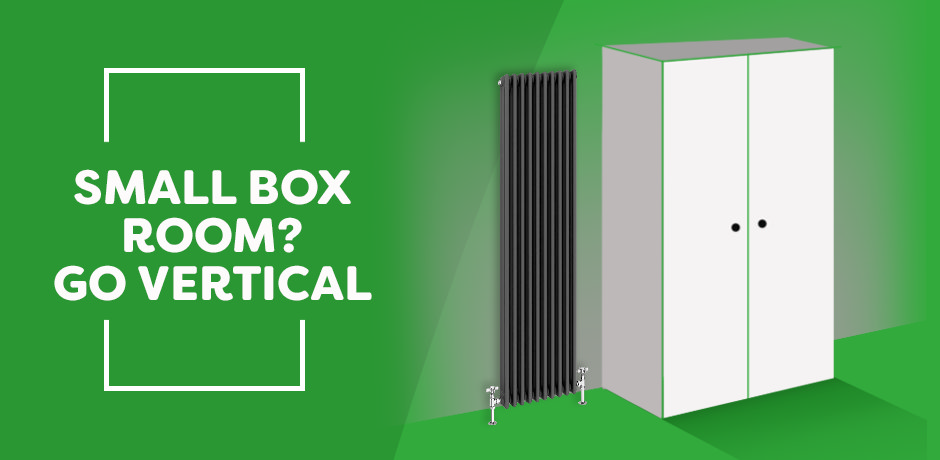 Illustration showing a tall vertical radiator placed next to a wardrobe in a compact room, with the caption “Small Box Room? Go Vertical,” highlighting space-saving radiator solutions for small bedrooms.