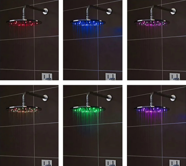 LED showerhead displaying six colour variations: red, blue, pink, green, multicolour, and purple, creating a vibrant and modern bathroom atmosphere against dark tiled walls.