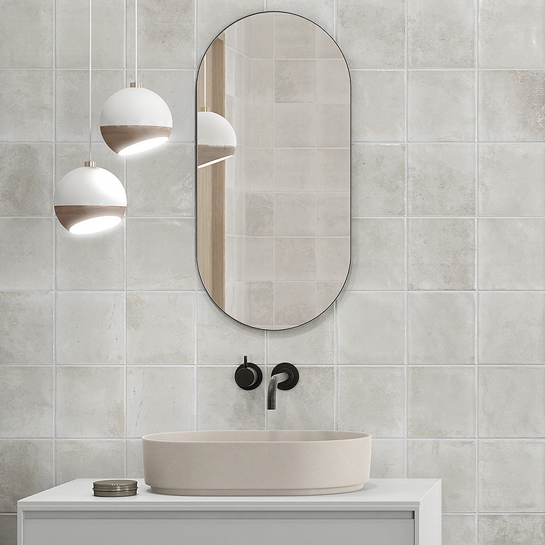 Straight lay bathroom tile pattern with square stone effect tiles in neutral wall tile design